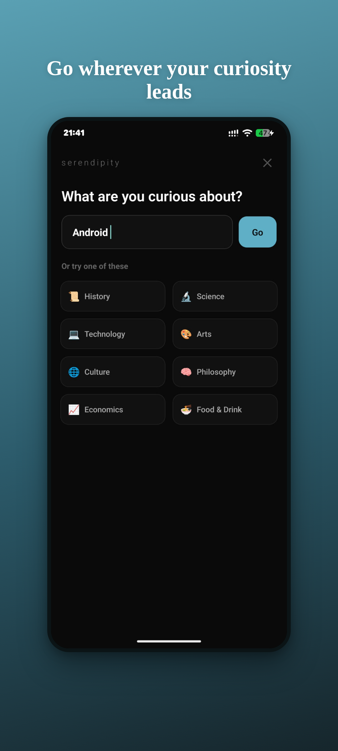 Topic search screen in Serendipity